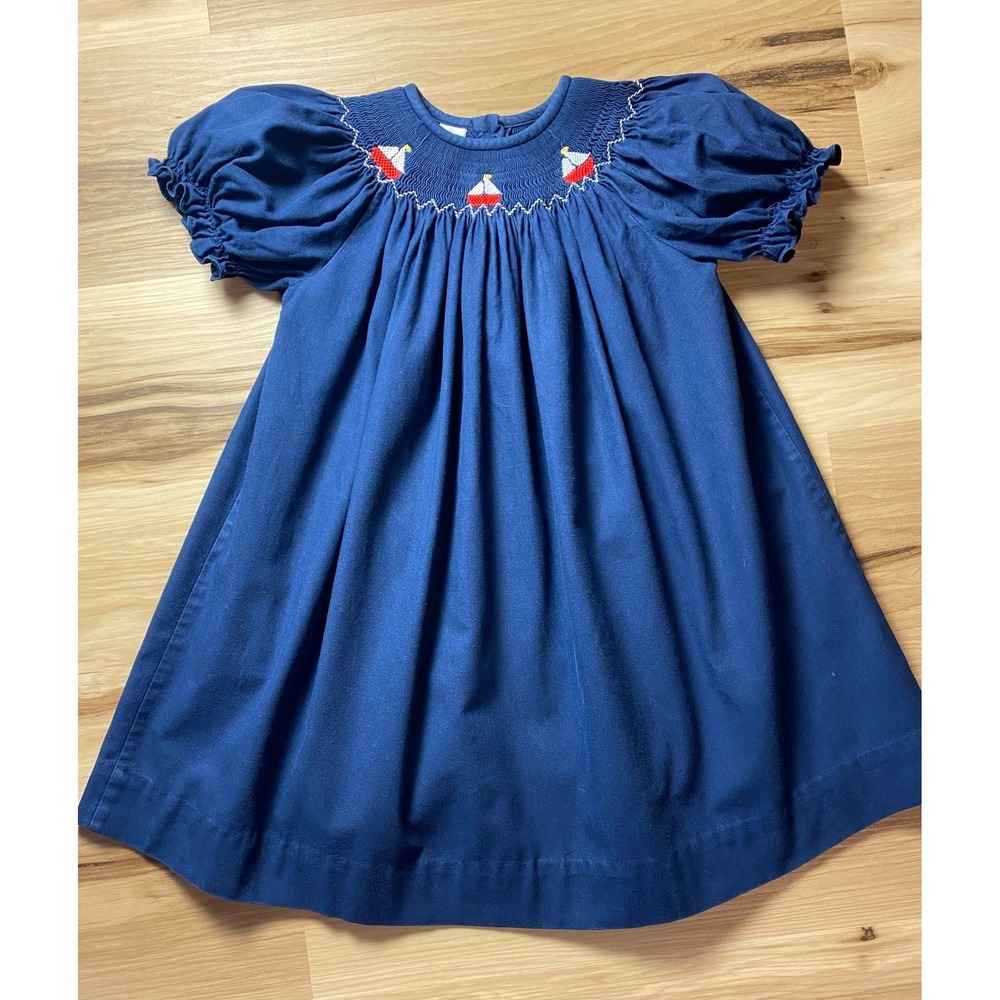 Vive La Fete Girls Navy Blue Smocked Sailboat Dress Cotton Puff Sleeve Size 4T